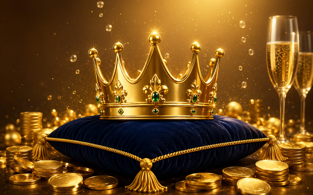 A gold crown on a velvet cushion