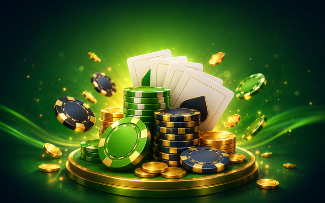 Casino chips, cards and coins stacked on a podium