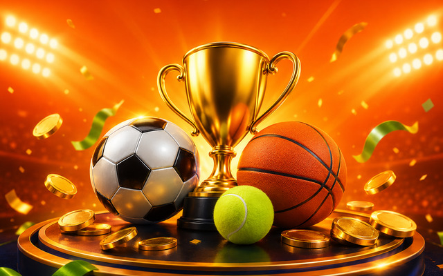 A trophy with footballs and a basketball under stadium lights