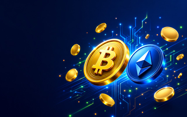 Bitcoin and Ethereum coins over a circuit pattern