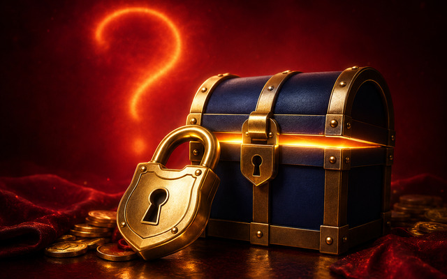 A locked strongbox under a red spotlight